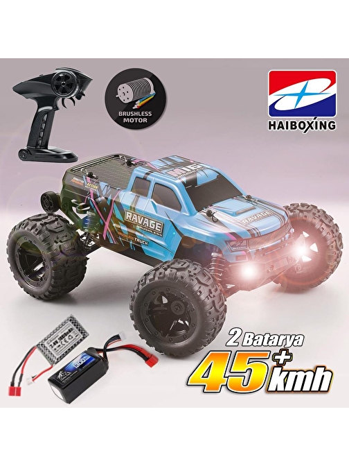 Haiboxing RC 1/16 Ravage 45+ KM/H Sürat Uzaktan Kumandalı RC Model Araba RTR Elektrikli 4WD Brushless Fırçasız Offroad Truck Mavi + 1300 mAh 7.4V 2S 30C Lipo Batarya