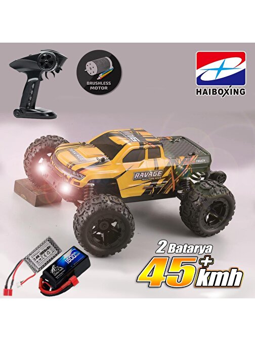 Haiboxing RC 1/16 Ravage 45+ KM/H Sürat Uzaktan Kumandalı RC Model Araba RTR Elektrikli 4WD Brushless Fırçasız Offroad Truck Sarı + 1500 mAh 7.4V 2S 30C Lipo Batarya