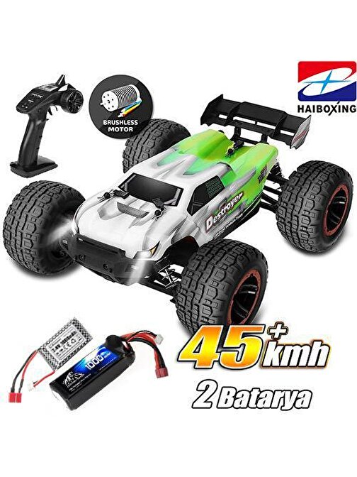 Haiboxing RC 1/16 Destroyer 45KM+ Sürat Uzaktan Kumandalı Model RC Model Araba RTR Elektrikli 4WD Brushless Fırçasız Truggy Truck Yeşil + 1000 mAh 7.4V 2S 30C Lipo Batarya