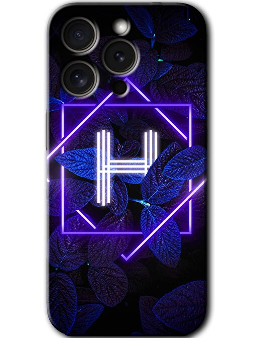 Gramaphone iPhone 15 Pro Uyumlu Kılıf HD Desen Baskılı Arka Kapak + Kırılmaz Cam - Dark Neon Yaprak H Harfi