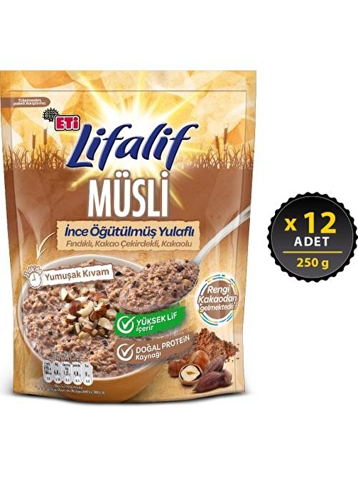 Eti Lifalif İnce Öğütülmüş Fındıklı Kakao Çekirdekli ve Kakaolu Müsli 12 x 250 gr