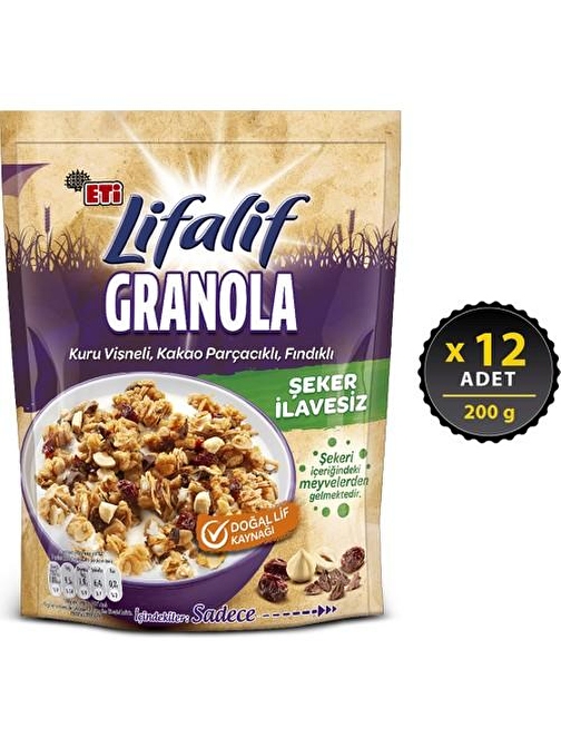 Eti Lifalif Granola Kuru Vişneli, Kakao Parçacıklı, Fındıklı 200 gr x 12 adet