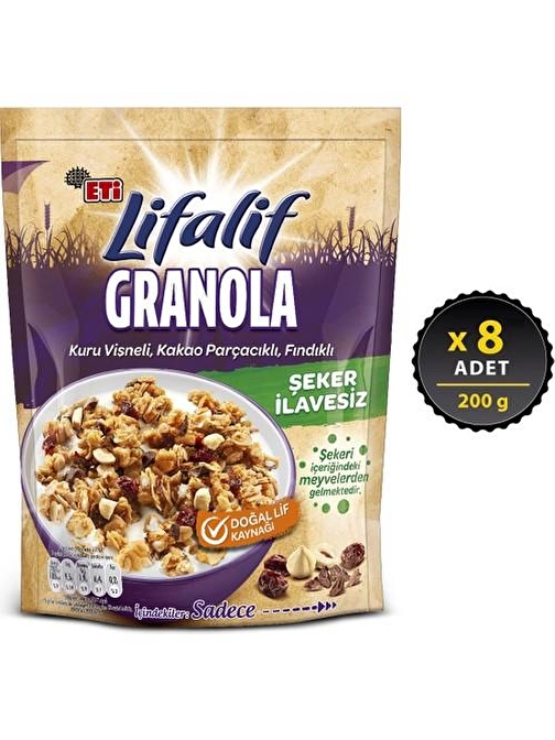 Eti Lifalif Granola Kuru Vişneli, Kakao Parçacıklı, Fındıklı 200 gr x 8 adet