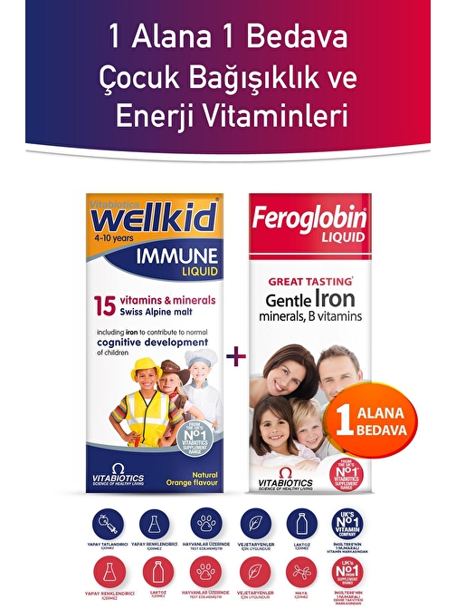 Wellkid Immune Liquid + Feroglobin Liquid çocuk vitamin, demir vitamin takviyesi