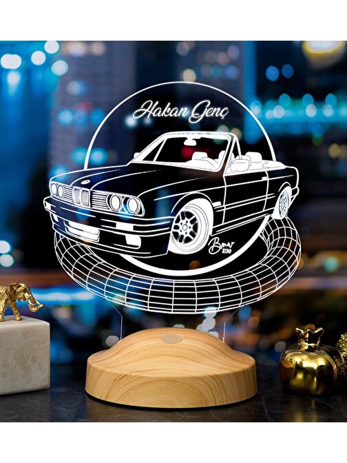 Sevgi Lambası Kişiye Özel Klasik Bmw E30 cabrio, Bmw Logolu Hediye 3D Led Lamba, Bmw Hayranına Hediye