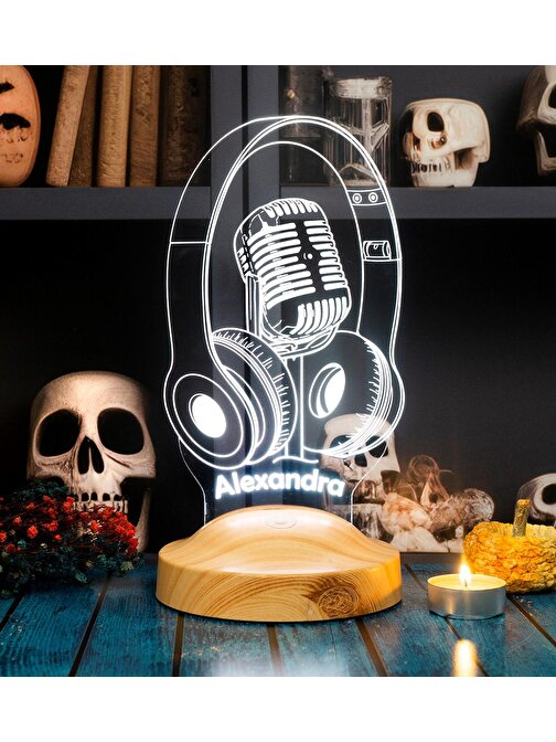 Sevgi Lambası Dj - Müzisyen Hediyesi Kulaklık ve Mikrofon 3D Led Lamba Ses Sanatçısı, Solist Hediyesi,  Headset Gamer - Oyuncu  Hediyesi