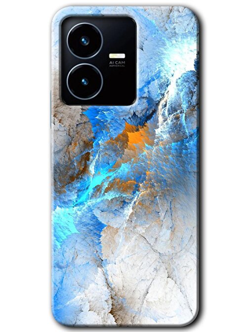 Gramaphone Vivo Y22s Kılıf HD Desen Baskılı Arka Kapak + Kırılmaz Cam - Mavi Buzul