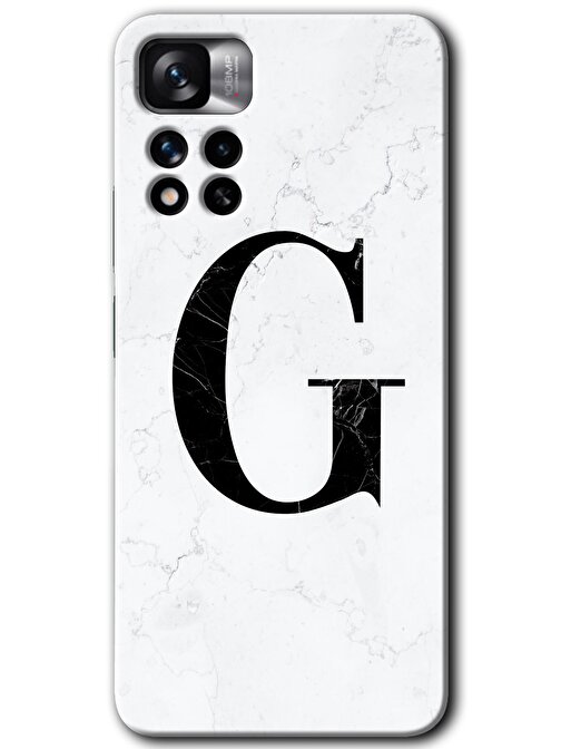 Gramaphone Redmi Note 11 Pro Plus 5G Kılıf HD Desen Baskılı Arka Kapak + Kırılmaz Cam - Beyaz Mermer Desenli G Harfi