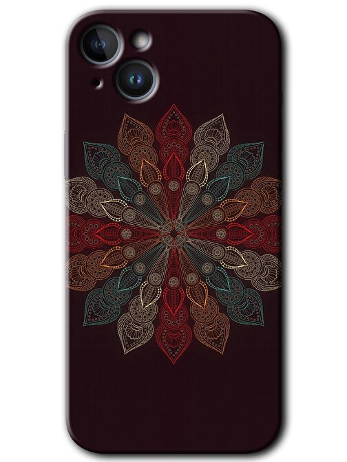 Gramaphone iPhone 14 Kılıf HD Desen Baskılı Arka Kapak + Kırılmaz Cam - Mandala Flower Wal