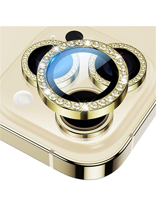 Binano iPhone 15 - 15 Plus Taşlı Kamera Lens Koruyucu Gold