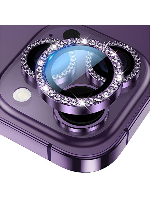 Binano iPhone 15 Pro - 15 Pro Max Taşlı Kamera Lens Koruyucu Mor