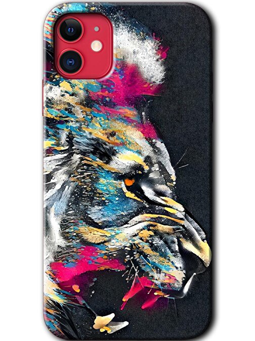 Gramaphone iPhone 11 Kılıf HD Desen Baskılı Arka Kapak + Kırılmaz Cam - Colorfull Aslan