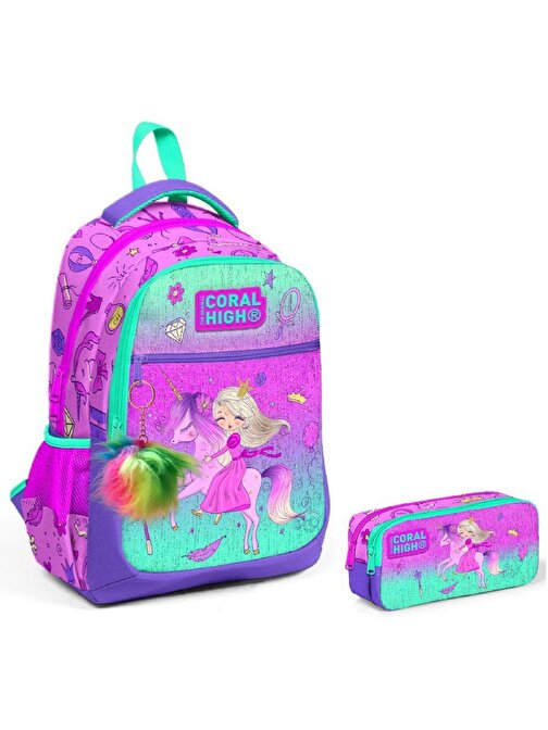 Coral High Pembe Yeşil Unicorn ve Prenses İlkokul Okul Sırt Çantası ve Kalemlik Seti
