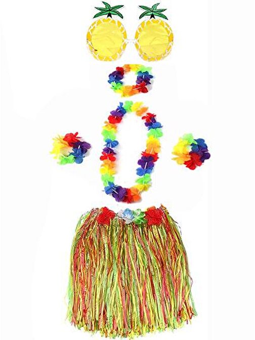 Yetişkin ve Çocuk Uyumlu Luau Aloha Hawaii Rengarenk 40 cm Etek Ananas Şekilli Gözlük Hawaii Kolye Renkli Taç ve 2 Adet Bileklik Seti 3877
