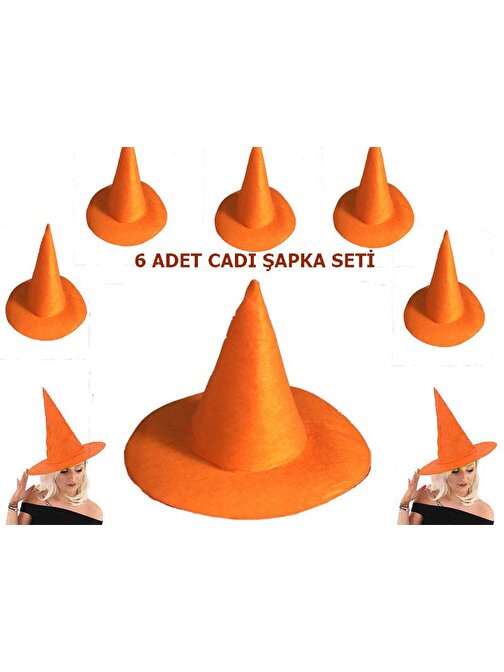 Turuncu Renk Keçe Cadı Şapkası Yetişkin Çocuk Uyumlu 6 Adet 3877