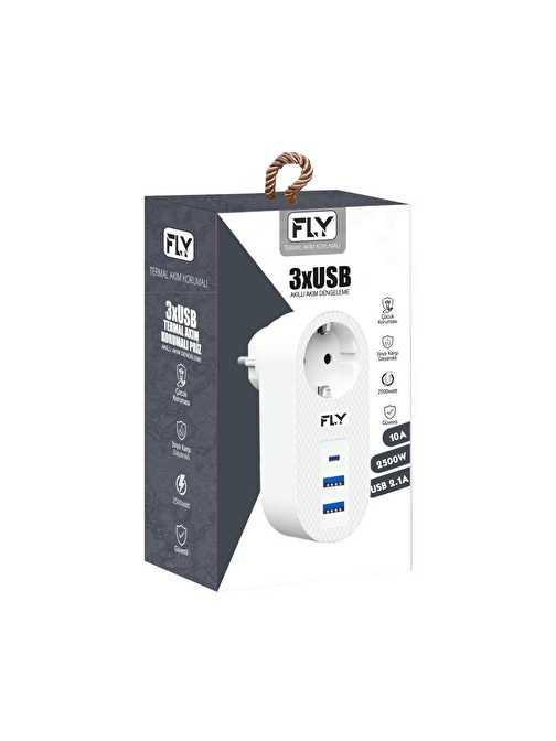 Fly-3400-01 Akım Korumalı.1 Li Priz 2-Usba 1-C Soket 2.1A 10A 2500W