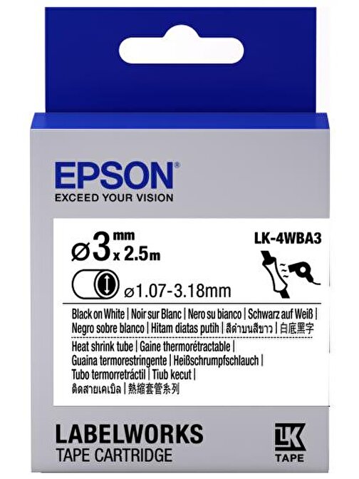 Epson LK-4WBA3 Isıyla Daralan Siyah Üzeri Beyaz 3MM 2,5mt Etiket