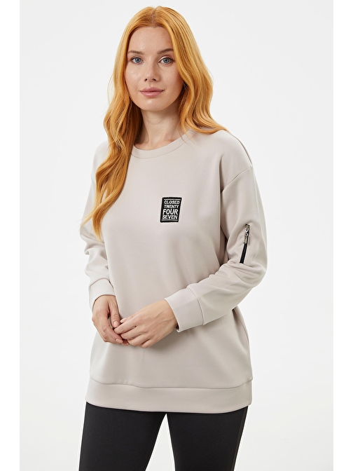 Fermuarlı Rahat Kalıp Sweatshirt - Bej