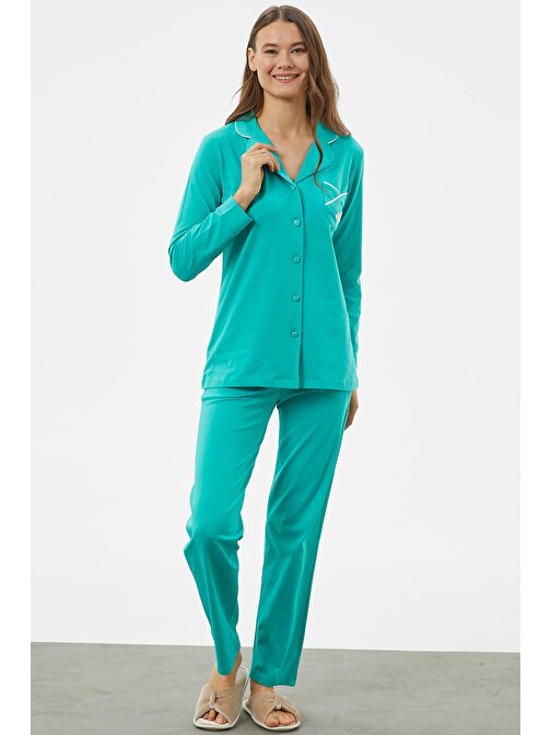 Önden Düğmeli Gömlek Pijama Takım - Mavi