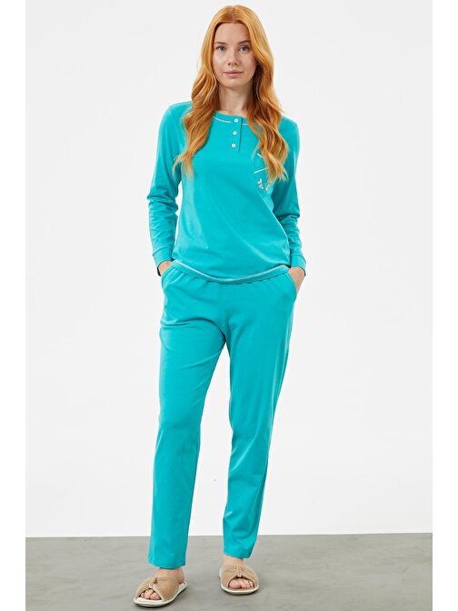 Taş Detaylı Sıfır Yaka Pijama Takımı - Mavi