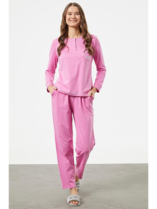 Taş Detaylı Sıfır Yaka Pijama Takımı - Pembe