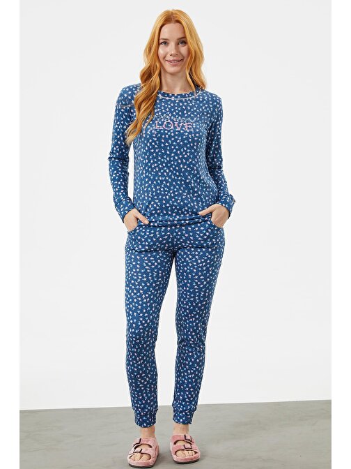 Nakış Detaylı Çiçekli Pijama Takım - Lacivert