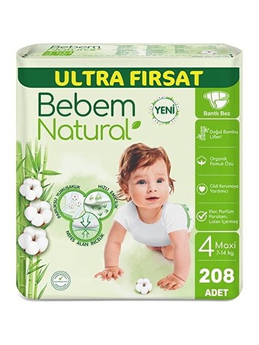 Bebem Natural 7 - 14 kg 4 Numara Ultra Fırsat Paketi Bebek Bezi 208 Adet