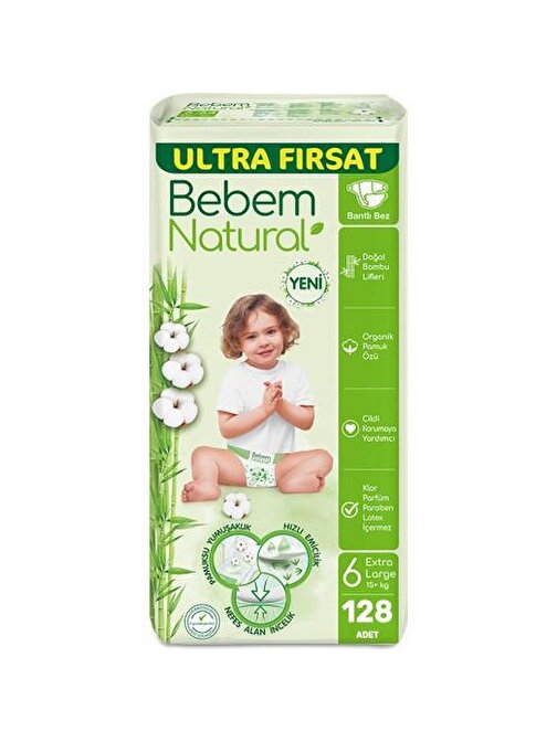 Bebem Natural 15+ kg 6 Numara Ultra Fırsat Paketi Bebek Bezi 128 Adet