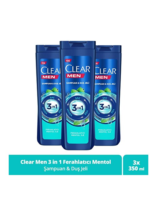 Men 3 in 1 Şampuan & Duş Jeli Ferahlatıcı Mentol Etkisi Saç Yüz Vücut İçin 350 ml x3 Adet