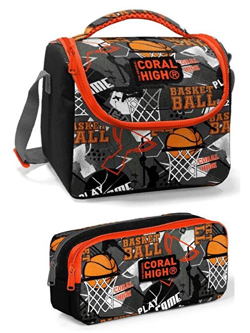 Coral High Siyah Turuncu Basketbol Erkek Çocuk Beslenme Çantası Seti