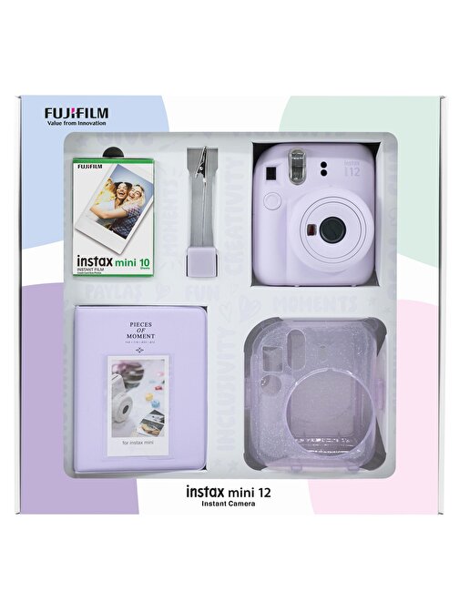 Instax mini 12 Lila Fotoğraf Makinesi 10'lu Film Simli Pleksi Kılıf PVC Albüm ve Kıskaçlı Resim Standı Bundle Box