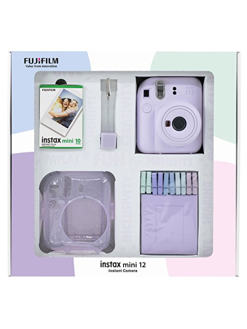 Instax mini 12 Lila Fotoğraf Makinesi 10'lu Film Simli Pleksi Kılıf Mandal ve Kıskaçlı Resim Standı Bundle Box