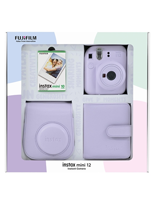 Instax mini 12 Lila Fotoğraf Makinesi 10'lu Film Kare Albüm ve Deri Kılıf Bundle Box