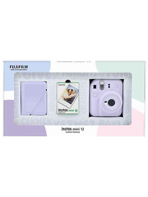 Instax mini 12 Lila Fotoğraf Makinesi 10'lu Film ve 28'li Mini Albüm Bundle Box