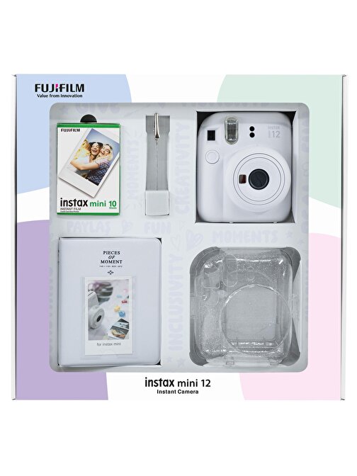 Instax mini 12 Beyaz Fotoğraf Makinesi 10'lu Film Simli Pleksi Kılıf PVC Albüm ve Kıskaçlı Resim Standı Bundle Box