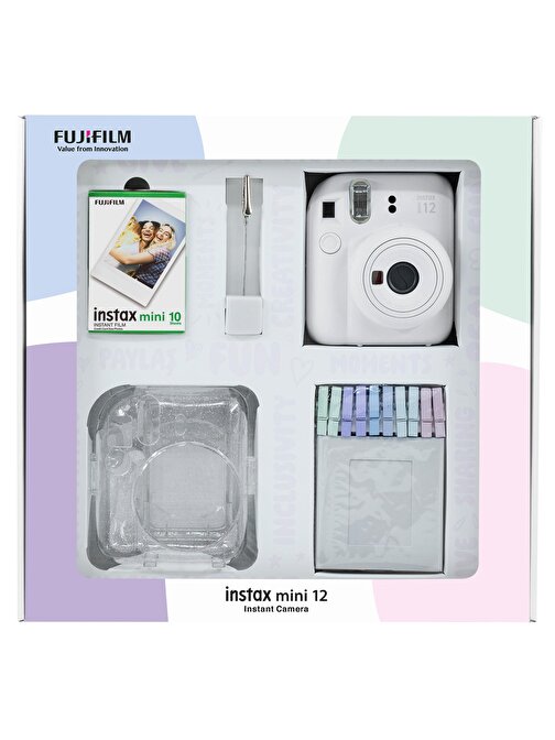 Instax mini 12 Beyaz Fotoğraf Makinesi 10'lu Film Simli Pleksi Kılıf Mandal ve Kıskaçlı Resim Standı Bundle Box