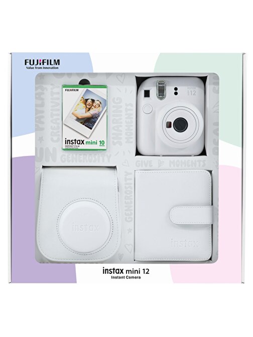 Instax mini 12 Beyaz Fotoğraf Makinesi 10'lu Film Kare Albüm ve Deri Kılıf Bundle Box