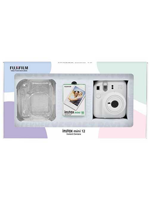 Instax mini 12 Beyaz Fotoğraf Makinesi 10'lu Film ve Pleksi Kılıf Bundle Box