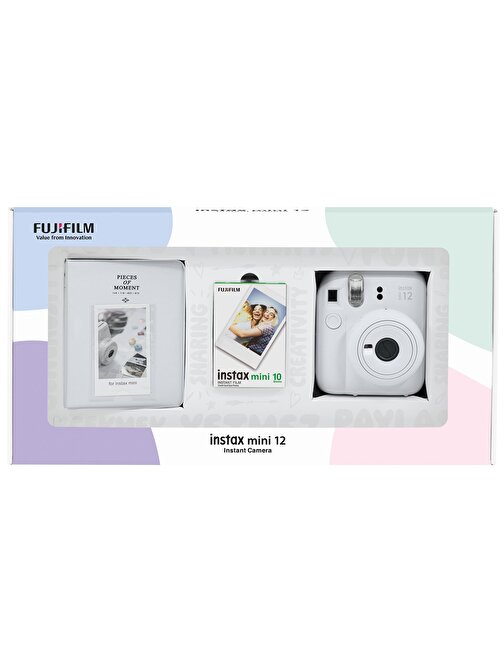 Instax mini 12 Beyaz Fotoğraf Makinesi 10'lu Film ve PVC Albüm Bundle Box