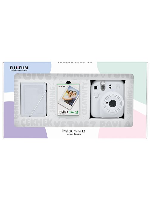 Instax mini 12 Beyaz Fotoğraf Makinesi 10'lu Film ve 28'li Mini Albüm Bundle Box