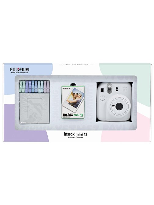 Instax mini 12 Beyaz Fotoğraf Makinesi 10'lu Film ve Mandal Bundle Box