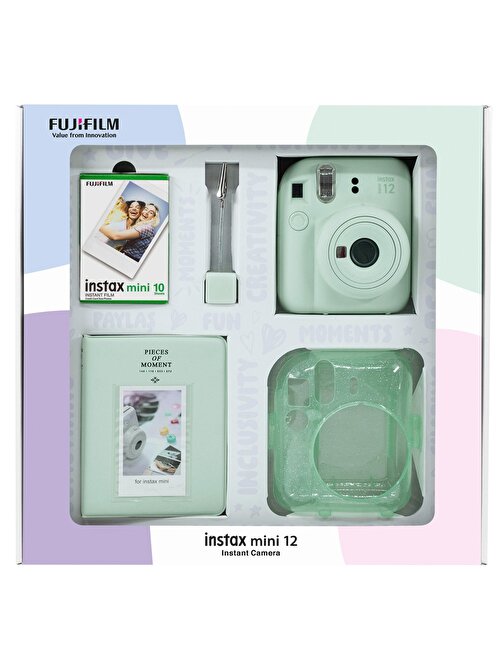 Instax mini 12 Yeşil Fotoğraf Makinesi 10'lu Film Simli Pleksi Kılıf PVC Albüm ve Kıskaçlı Resim Standı Bundle Box