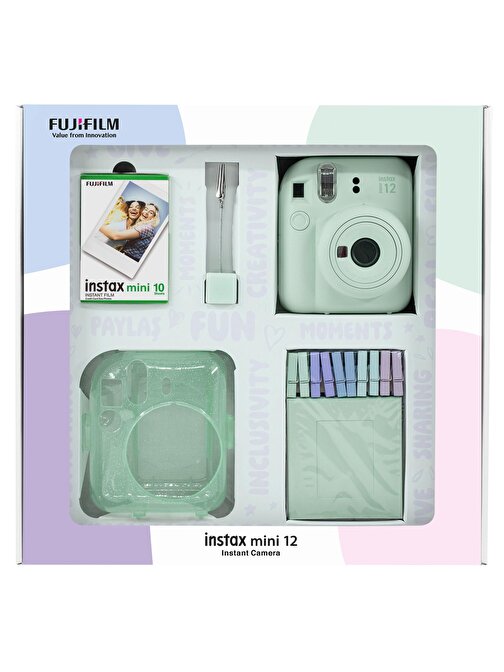 Instax mini 12 Yeşil Fotoğraf Makinesi 10'lu Film Simli Pleksi Kılıf Mandal ve Kıskaçlı Resim Standı Bundle Box
