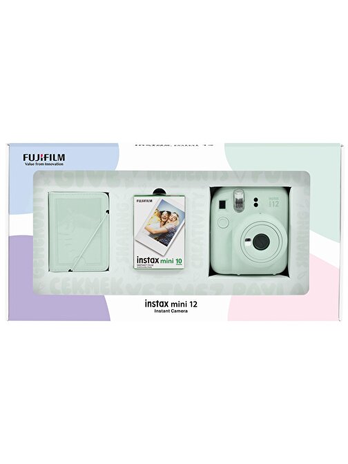 Instax mini 12 Yeşil Fotoğraf Makinesi 10'lu Film ve 28'li Mini Albüm Bundle Box