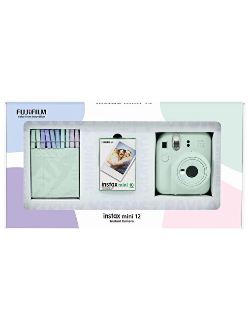 Instax mini 12 Yeşil Fotoğraf Makinesi 10'lu Film ve Mandal Bundle Box