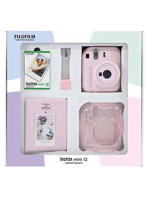 Instax mini 12 Pembe Fotoğraf Makinesi 10'lu Film Simli Pleksi Kılıf PVC Albüm ve Kıskaçlı Resim Standı Bundle Box