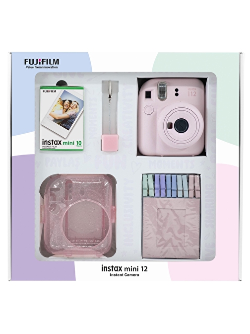 Instax mini 12 Pembe Fotoğraf Makinesi 10'lu Film Simli Pleksi Kılıf Mandal ve Kıskaçlı Resim Standı Bundle Box