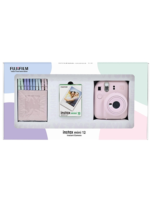 Instax mini 12 Pembe Fotoğraf Makinesi 10'lu Film ve Mandal Bundle Box