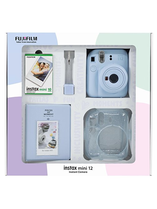 Instax mini 12 Mavi Fotoğraf Makinesi 10'lu Film Simli Pleksi Kılıf PVC Albüm ve Kıskaçlı Resim Standı Bundle Box