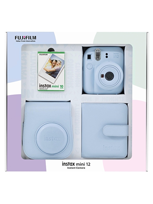 Instax mini 12 Mavi Fotoğraf Makinesi 10'lu Film Kare Albüm ve Deri Kılıf Bundle Box